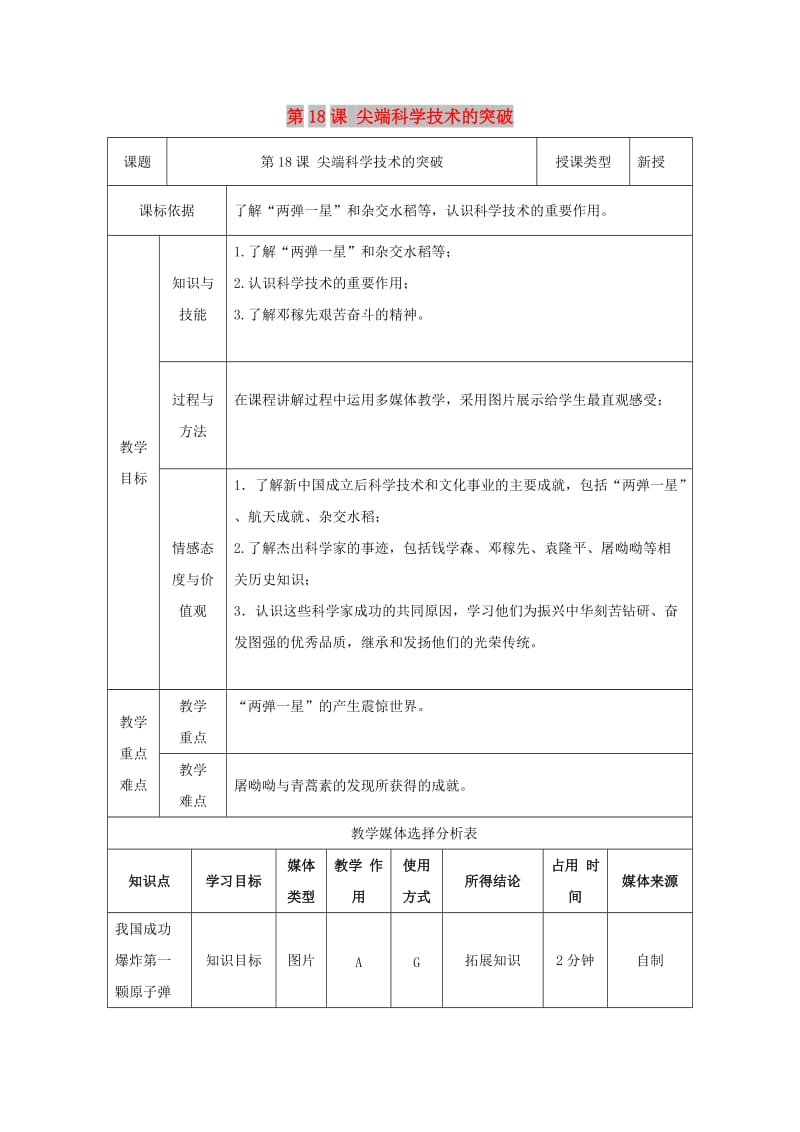 八年级历史下册 第四单元 国防建设与科技文化的发展 第18课 尖端科学技术的突破教案 北师大版.doc_第1页