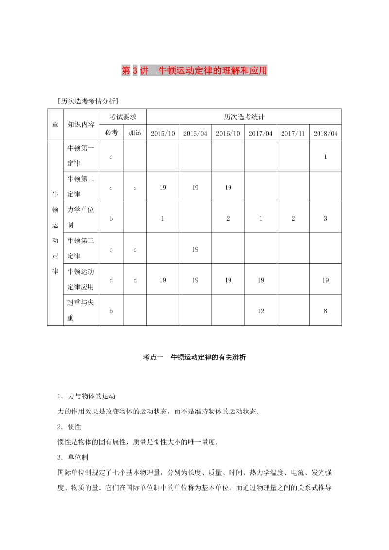 2019高考物理二轮复习专题一力与运动第3讲牛顿运动定律的理解和应用学案.doc_第1页