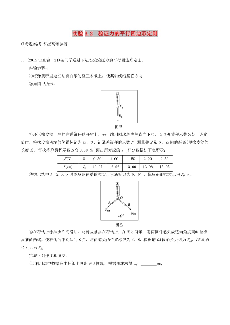 2019年高考物理13个抢分实验 专题3.2 验证力的平行四边形定则抢分巧练.doc_第1页