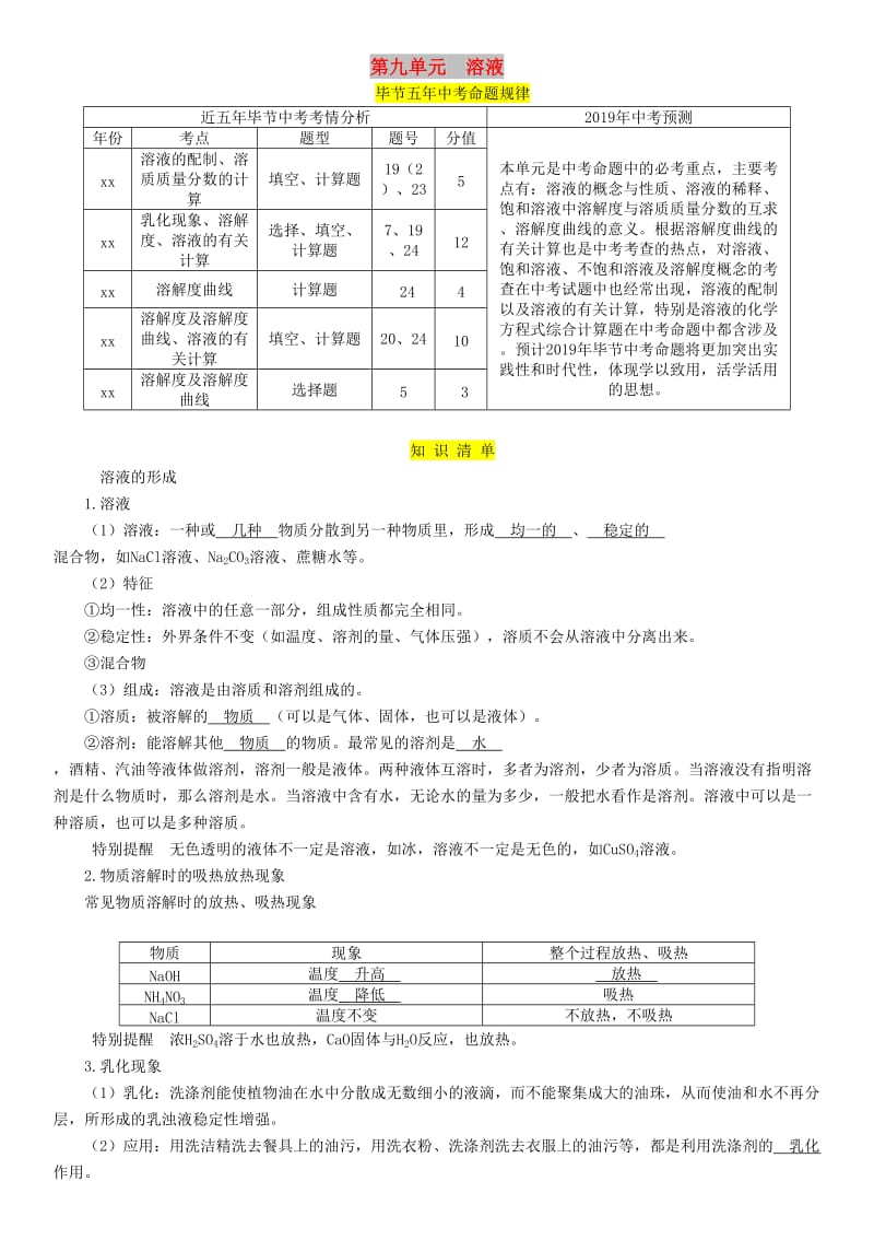 （毕节地区）2019年中考化学总复习 第1编 教材知识梳理篇 第9单元 溶液（精讲）练习.doc_第1页