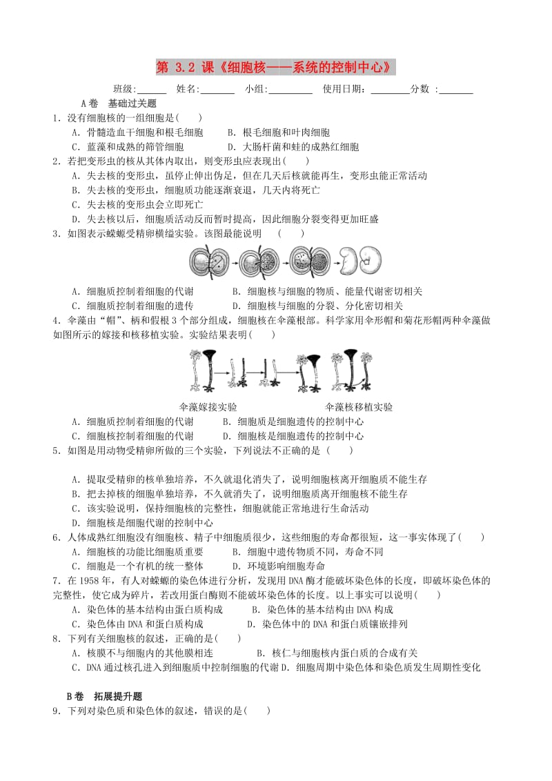 湖北省武汉市高中生物 第三章 细胞的基本结构 3.3 细胞核——系统的控制中心限时练 新人教版必修1.doc_第1页