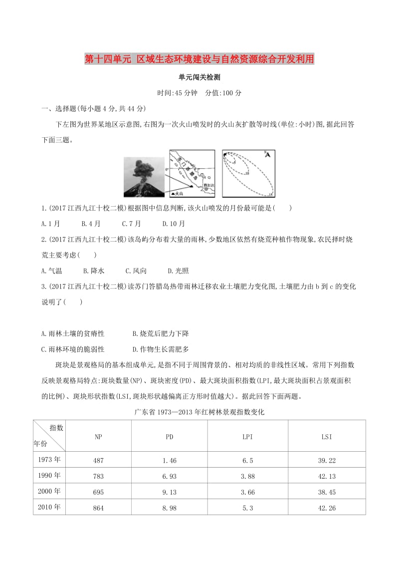 （山西专用）2019版高考地理总复习 第十四单元 区域生态环境建设与自然资源综合开发利用单元闯关检测.doc_第1页