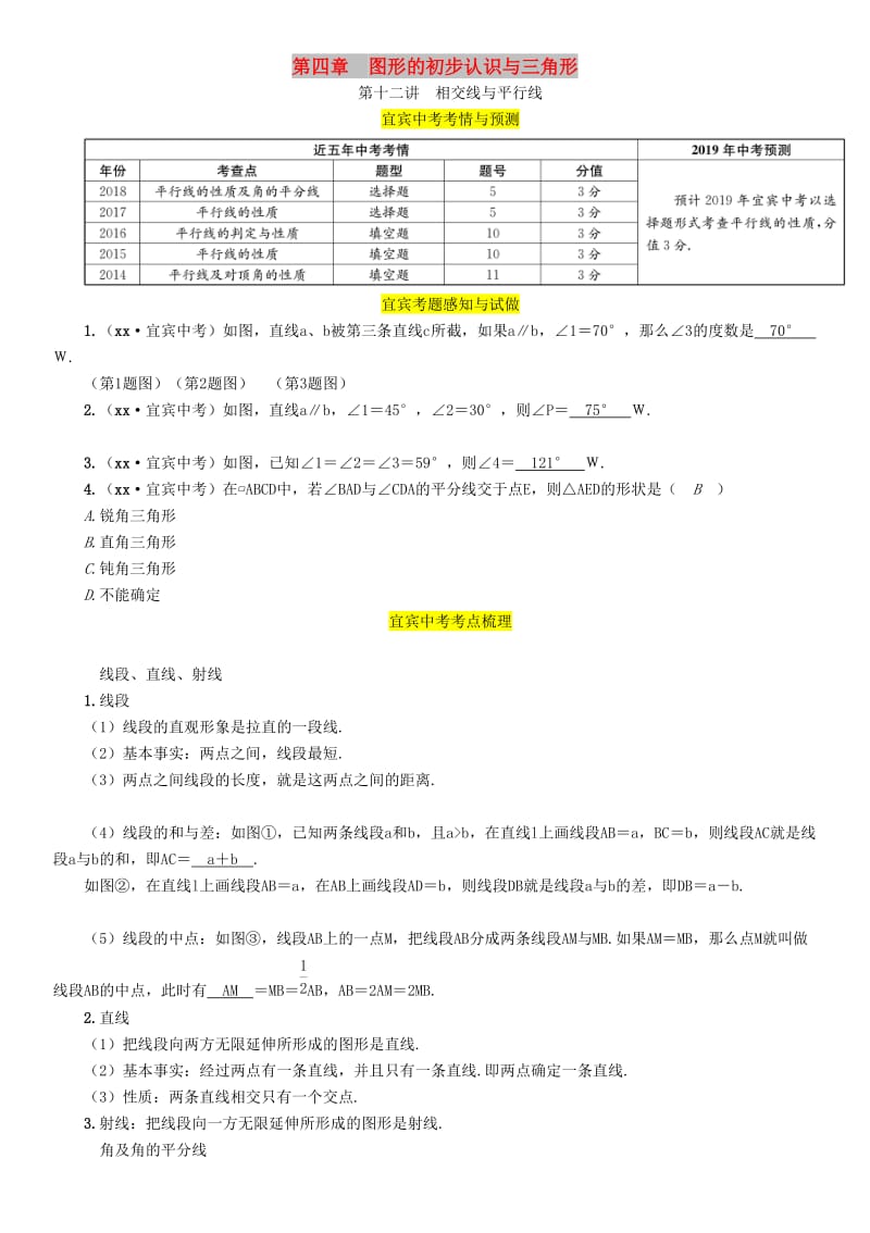 中考数学总复习 第一编 教材知识梳理篇 第4章 图形的初步认识与三角形 第12讲 相交线与平行线（精讲）练习.doc_第1页