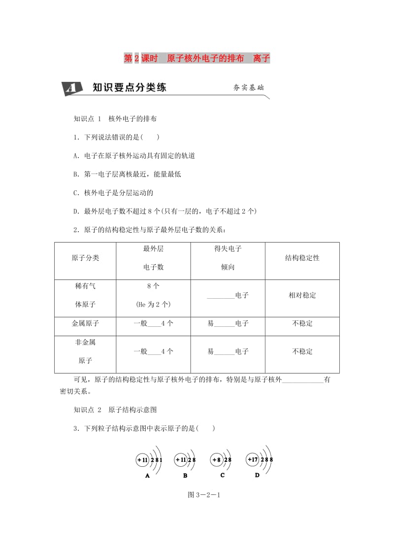 九年级化学上册 第三单元 物质构成的奥秘 3.2 原子的结构 原子核外电子的排布 离子同步练习 新人教版.doc_第1页