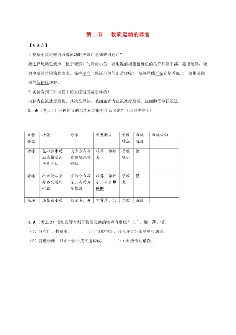 山东省安丘市七年级生物下册第三单元第三章第二节物质运输的器官知识点+巩固提高新版济南版.doc_第1页