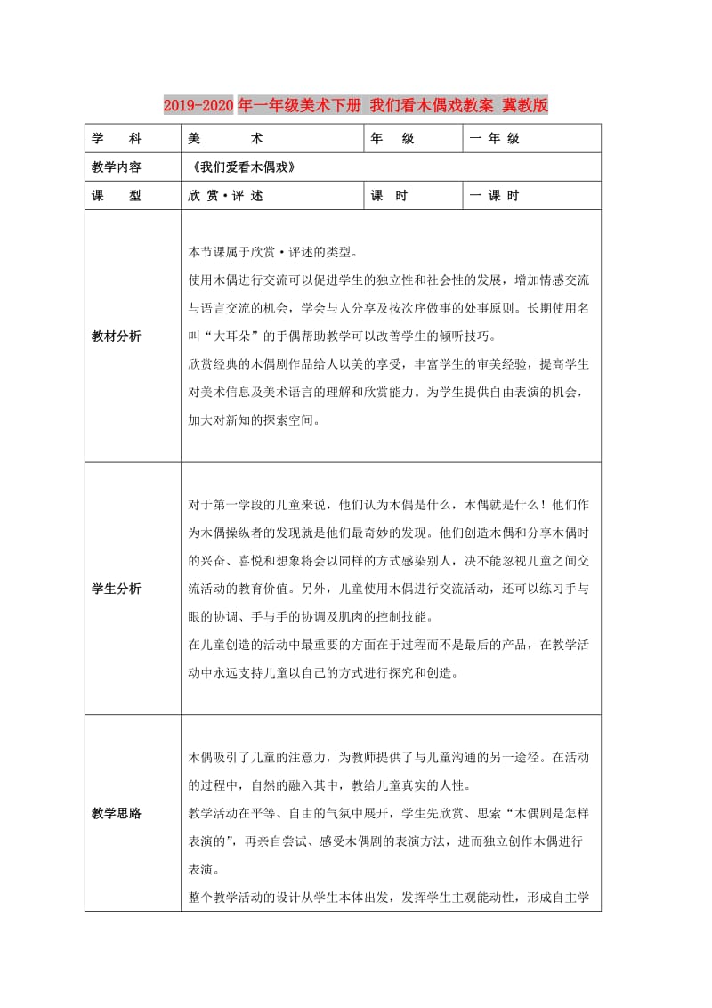 2019-2020年一年级美术下册 我们看木偶戏教案 冀教版.doc_第1页