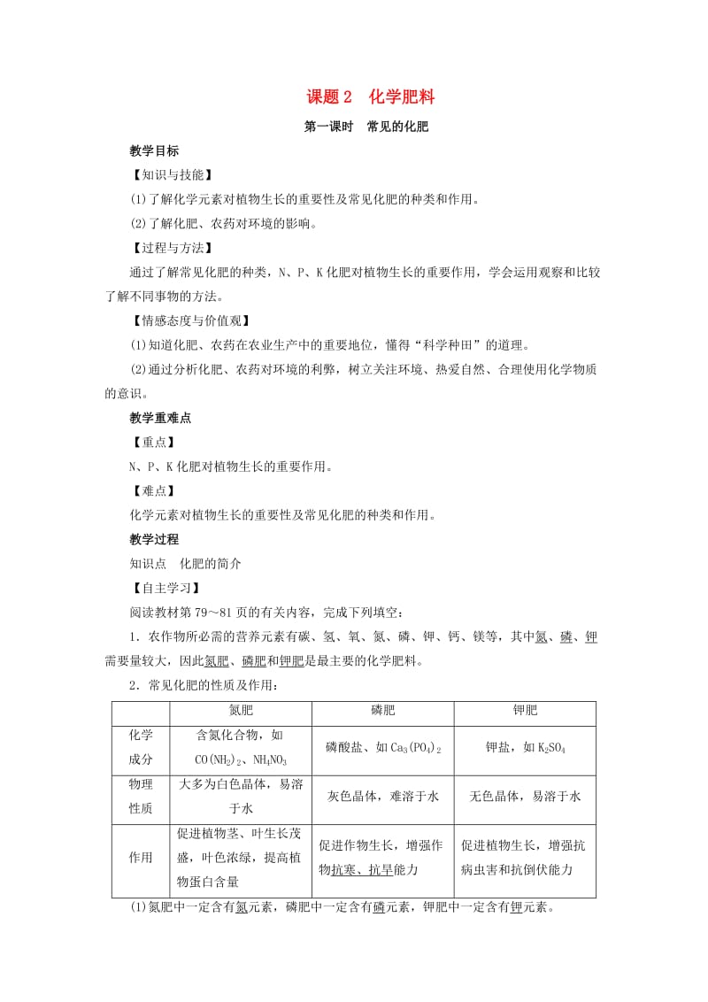 2019届九年级化学下册 第11单元 盐 化肥 课题2 化学肥料 第1课时 常见的化肥教案 （新版）新人教版.doc_第1页