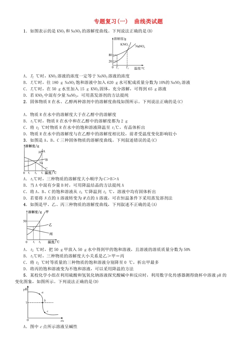 （河南专版）九年级化学下册 专题复习（一）曲线类试题习题 （新版）新人教版.doc_第1页