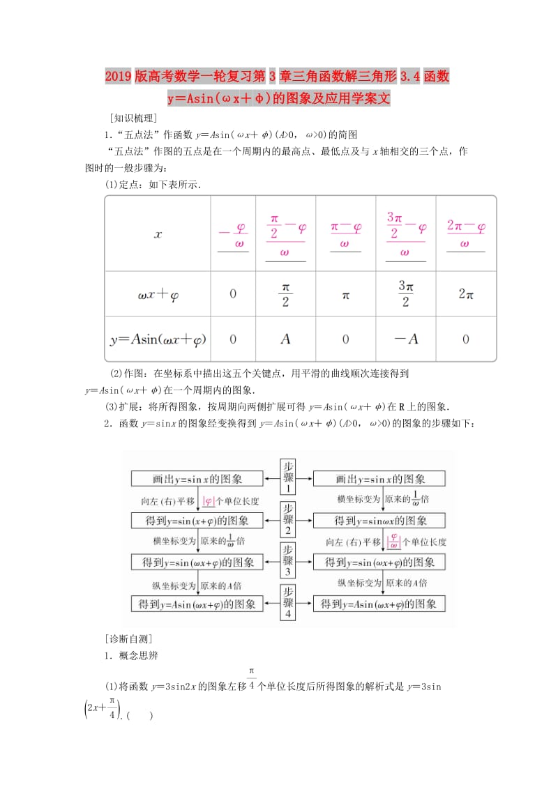 2019版高考数学一轮复习第3章三角函数解三角形3.4函数y＝Asin(ωx＋φ)的图象及应用学案文.doc_第1页