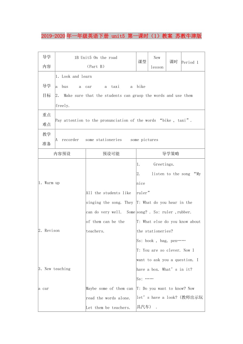 2019-2020年一年级英语下册 unit5 第一课时（1）教案 苏教牛津版.doc_第1页