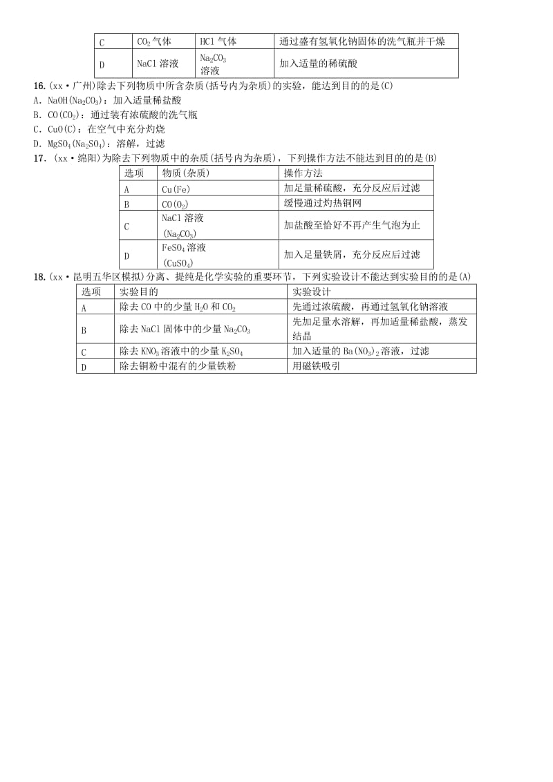 云南专版2019年中考化学总复习滚动小专题六物质的检验鉴别共存与除杂习题.doc_第3页