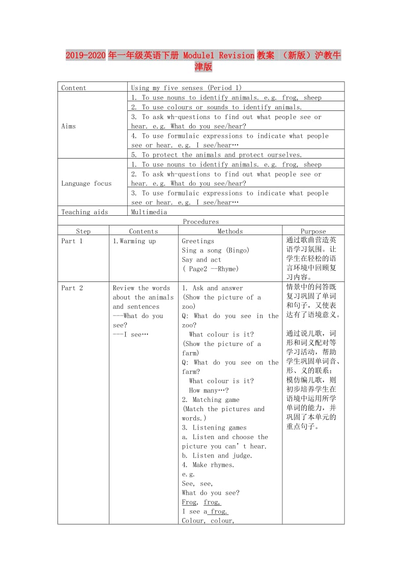 2019-2020年一年级英语下册 Module1 Revision教案 （新版）沪教牛津版.doc_第1页