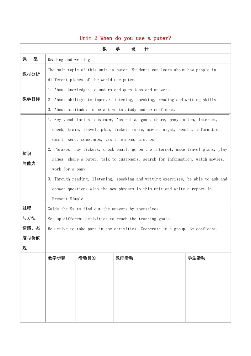 七年级英语上册 Module 7 Computers Unit 2 When do you use a computer教学设计 （新版）外研版.doc_第1页