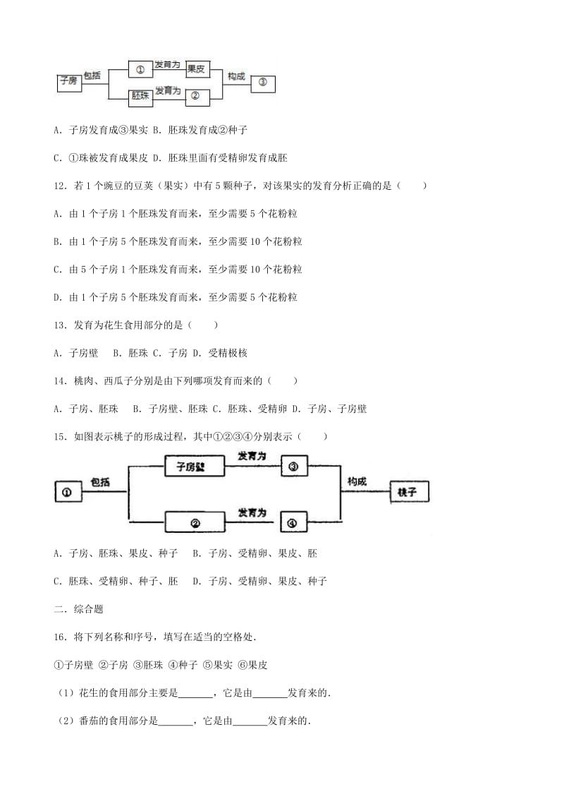 七年级生物上册 第四单元 第一章 第3节 果实和种子的形成同步测试题（新版）济南版.doc_第2页