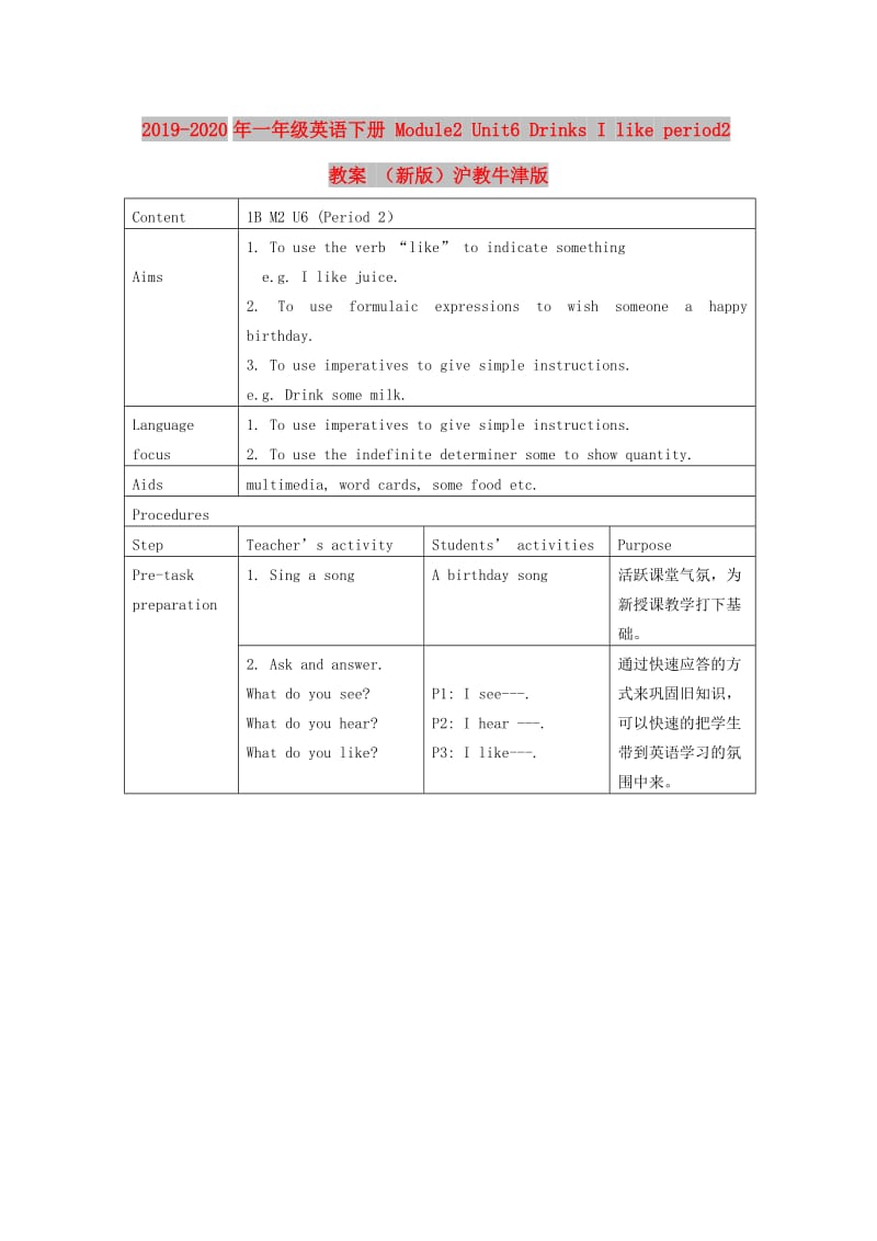 2019-2020年一年级英语下册 Module2 Unit6 Drinks I like period2教案 （新版）沪教牛津版.doc_第1页