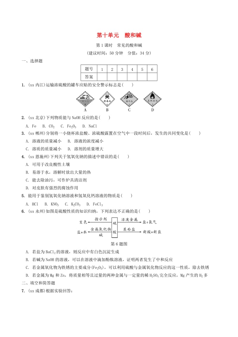 安徽省2019年中考化学总复习 第一部分 夯实基础过教材 第十单元 酸和碱 第1课时 常见的酸和碱练习.doc_第1页