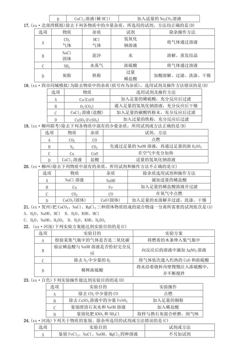 广西专版2019年中考化学总复习滚动小专题六物质的检验鉴别共存与除杂练习.doc_第3页