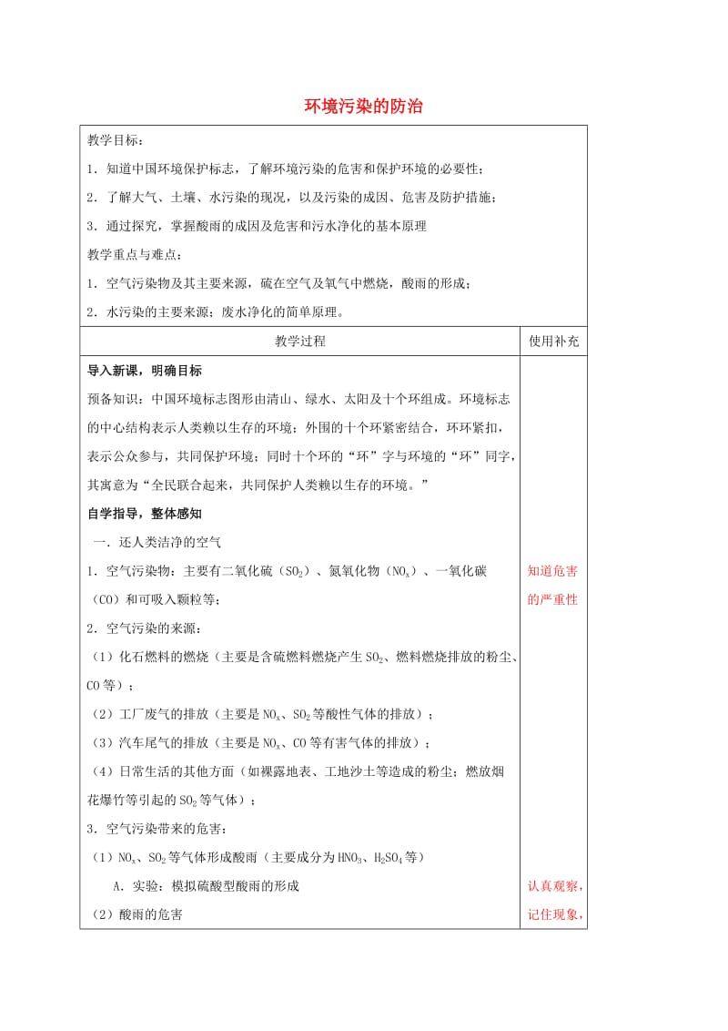 江苏省徐州市铜山区九年级化学下册 9.3 环境污染的防治教案 沪教版.doc_第1页