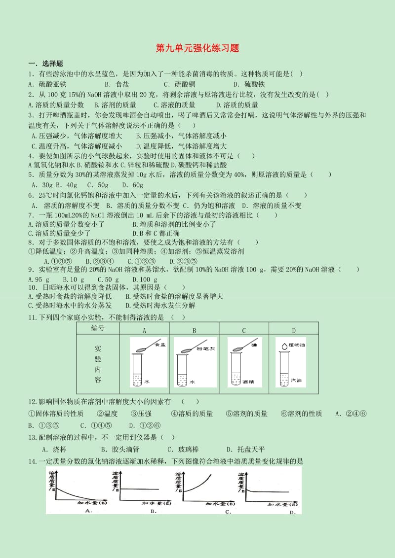 九年级化学下册 9 溶液单元综合测试习题 （新版）新人教版.doc_第1页