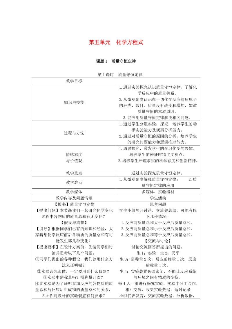 九年级化学上册 第5单元 化学方程式 5.1 质量守恒定律教案 （新版）新人教版.doc_第1页