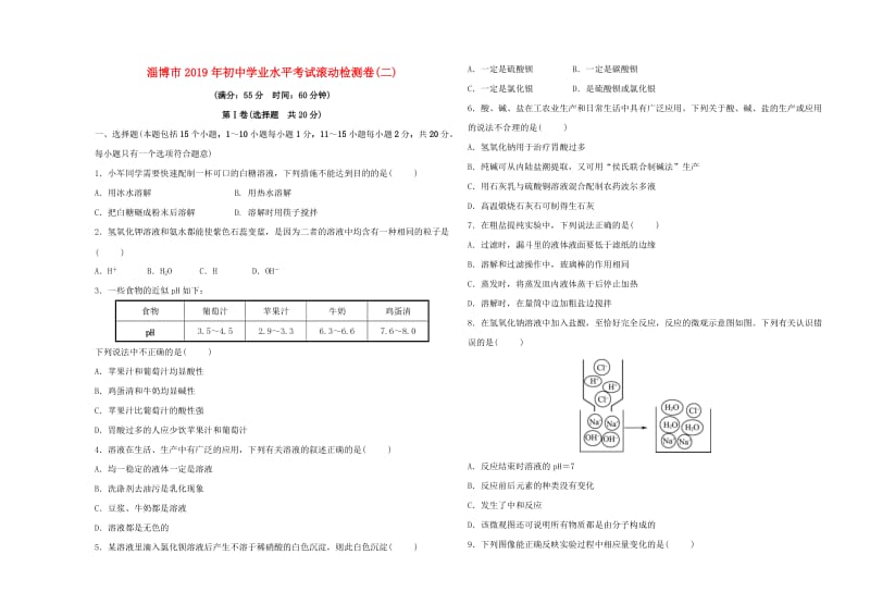 （淄博专版）2019届中考化学复习 第4部分 滚动检测卷（二）.doc_第1页