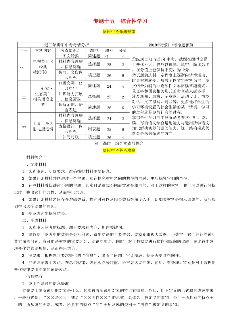 （贵阳专版）2019届中考语文总复习 第3部分 综合性学习 第1课时 综合实践与探究.doc_第1页