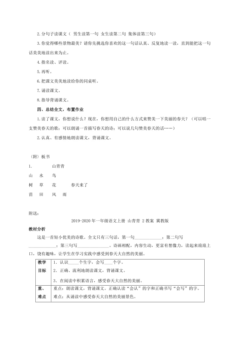 2019-2020年一年级语文上册 山青青 1教案 冀教版.doc_第2页