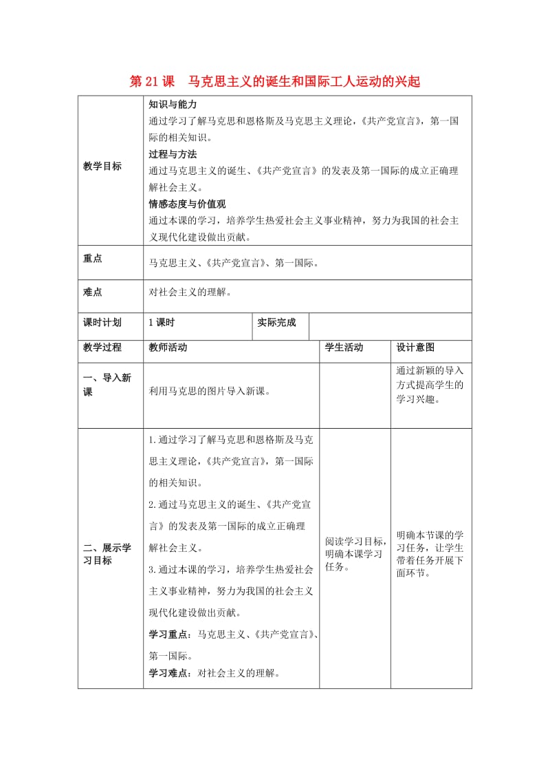 九年级历史上册第七单元工业革命和工人运动的兴第21课马克思主义的诞生和国际工人运动的兴起教案新人教版.doc_第1页