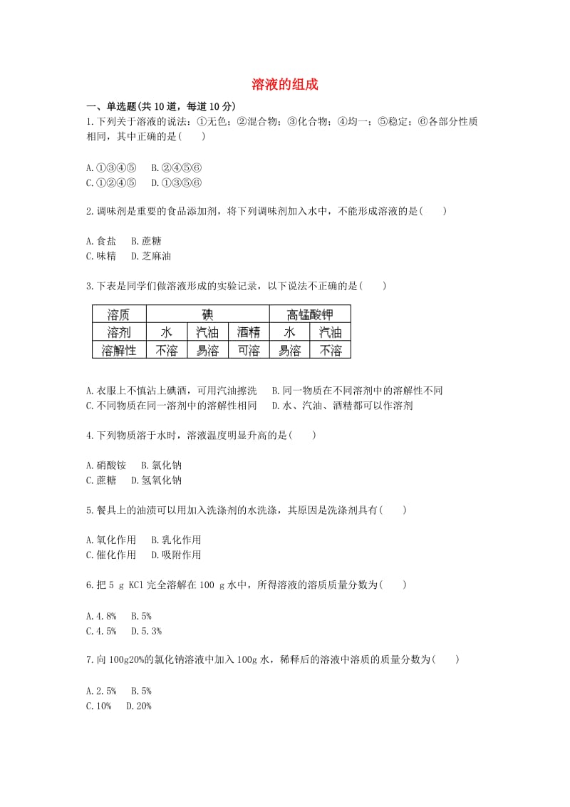 九年级化学下册 基础+综合训练 溶液的组成天天练（新版）新人教版.doc_第1页