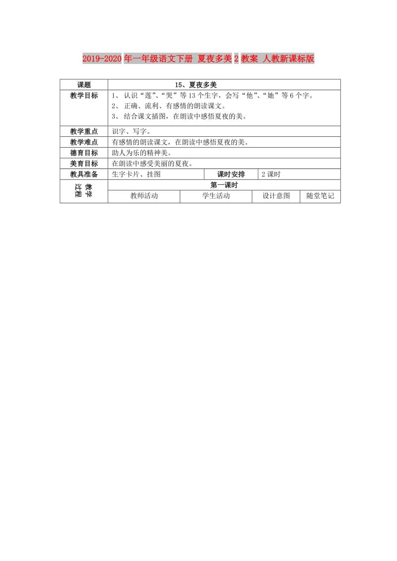 2019-2020年一年级语文下册 夏夜多美2教案 人教新课标版.doc_第1页