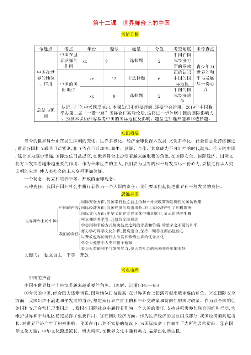 四川省宜宾市2019年中考道德与法治总复习 九上 第5单元 走近民法 第12课 世界舞台上的中国习题 教科版.doc_第1页