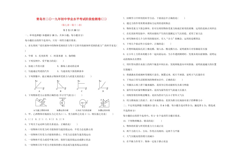 山东省青岛市2019年初中物理学业水平考试阶段检测卷（二）.doc_第1页