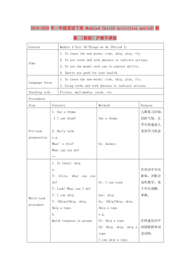 2019-2020年一年级英语下册 Module4 Unit10 Activities period1教案 （新版）沪教牛津版.doc_第1页