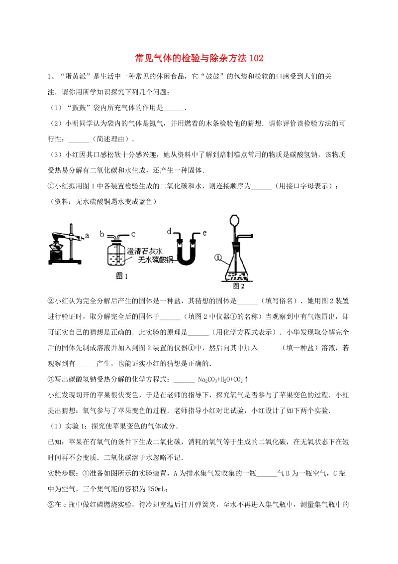 吉林省吉林市中考化学复习练习 常见气体的检验与除杂方法102 新人教版.doc_第1页