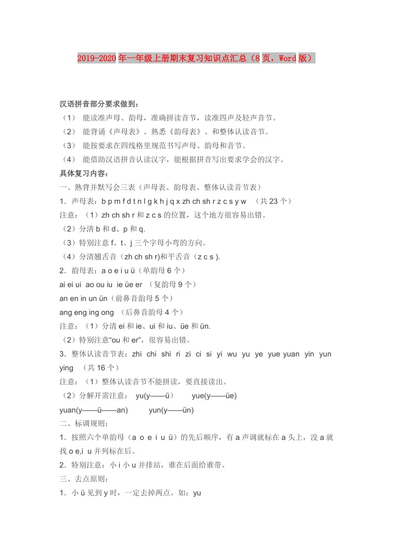 2019-2020年一年级上册期末复习知识点汇总（8页Word版）.doc_第1页