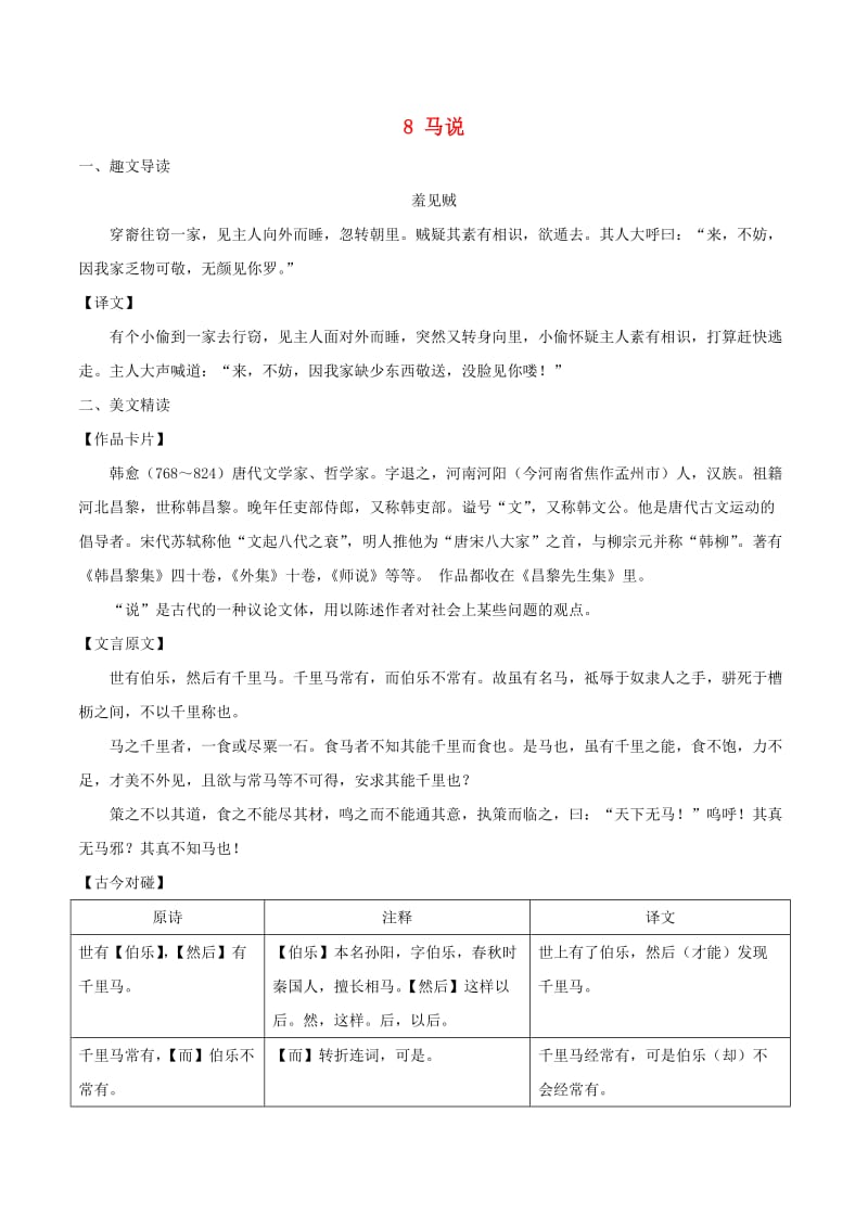 八年级语文下册 课内外文言文趣读精细精炼 专题08 马说（课内篇）.doc_第1页