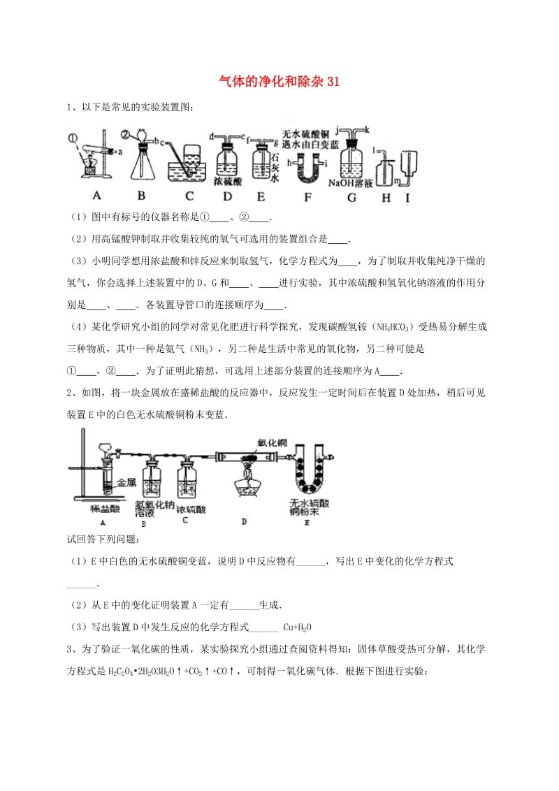 吉林省吉林市中考化学复习练习 气体的净化和除杂31 新人教版.doc_第1页