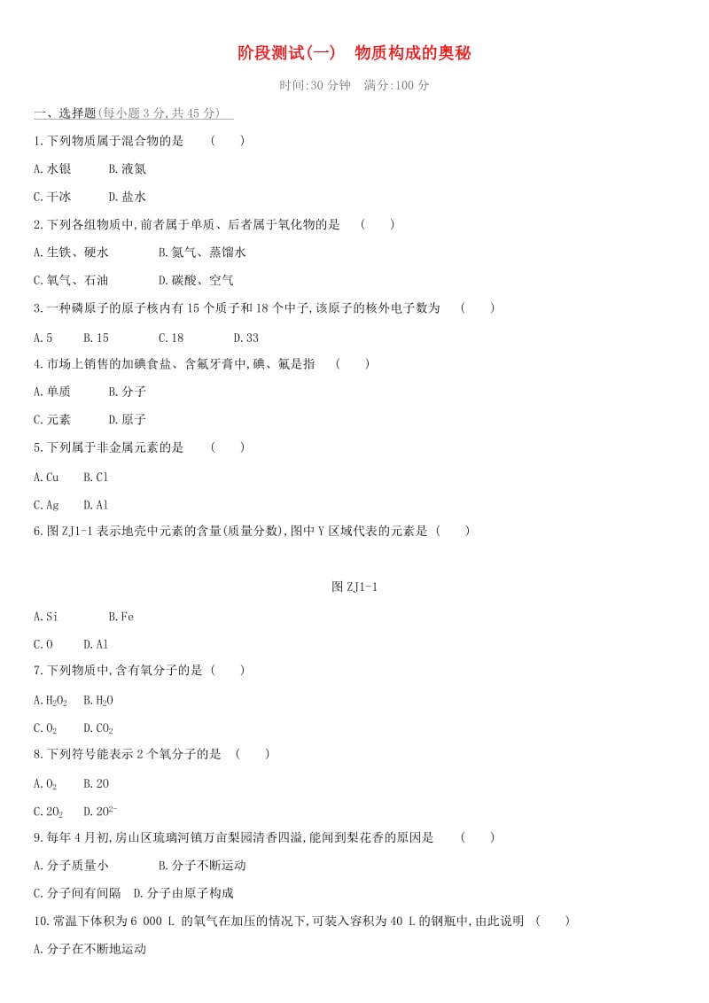 （北京专版）2019中考化学复习方案 阶段测试01 物质构成的奥秘.doc_第1页