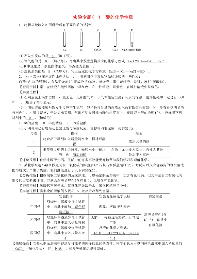 河北省九年级化学下册 第十单元 酸和碱 实验专题（一）酸的化学性质习题 （新版）新人教版.doc_第1页