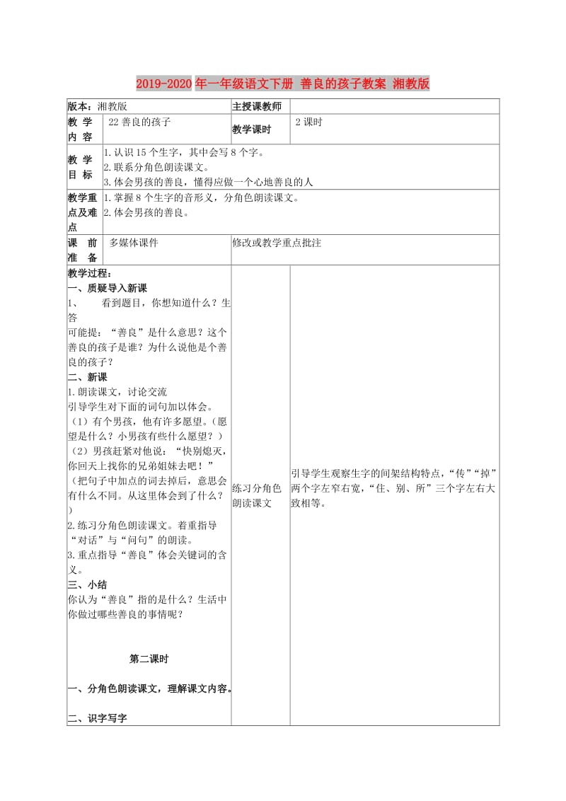 2019-2020年一年级语文下册 善良的孩子教案 湘教版.doc_第1页