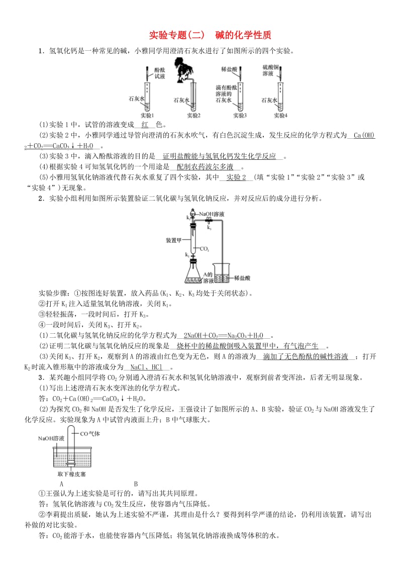 （河南专版）九年级化学下册 实验专题（二）碱的化学性质习题 （新版）新人教版.doc_第1页