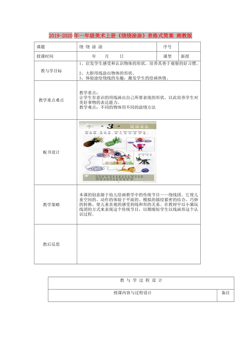 2019-2020年一年级美术上册《绕绕涂涂》表格式简案 湘教版.doc_第1页