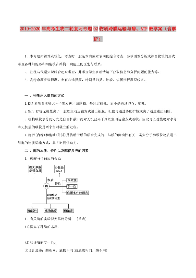 2019-2020年高考生物二轮复习专题02物质跨膜运输与酶、ATP教学案（含解析）.doc_第1页