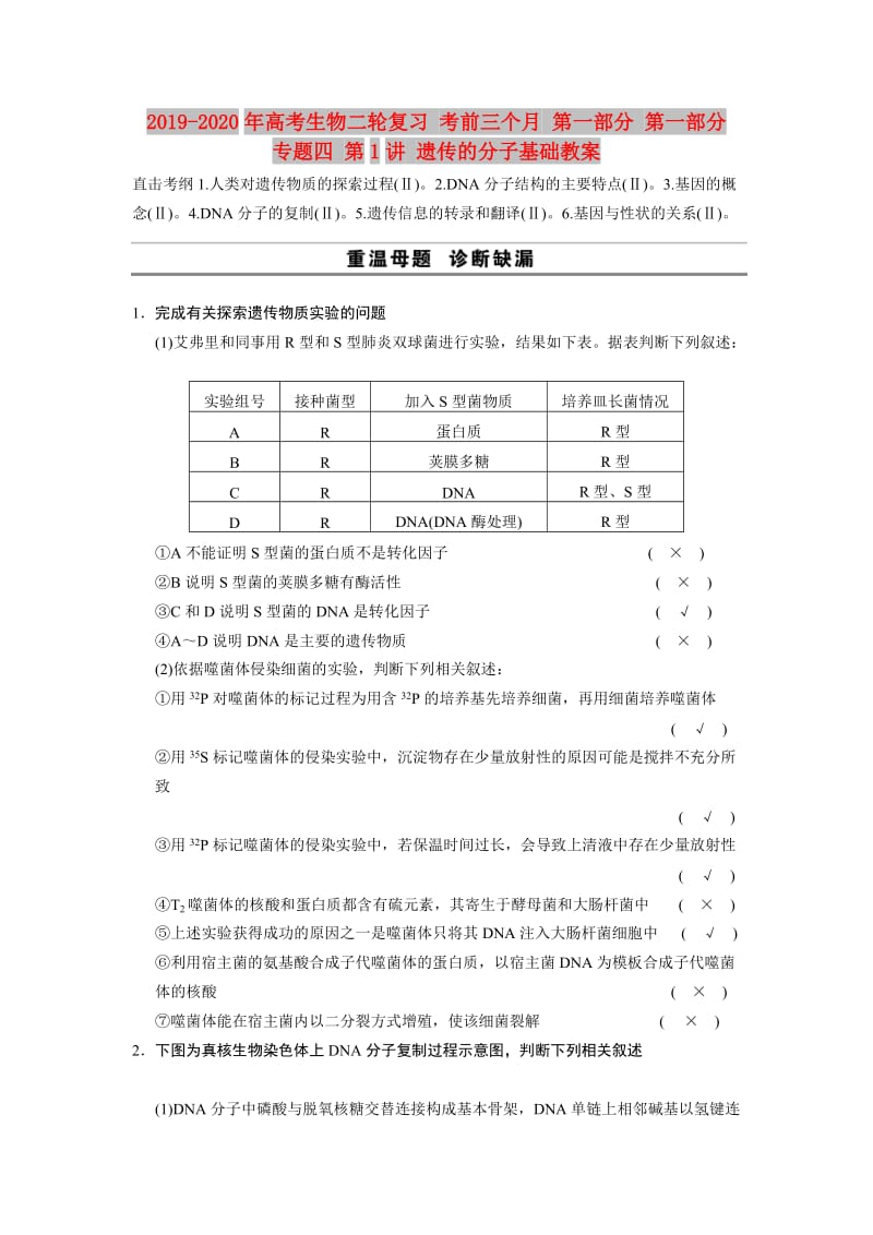 2019-2020年高考生物二轮复习 考前三个月 第一部分 第一部分 专题四 第1讲 遗传的分子基础教案.doc_第1页