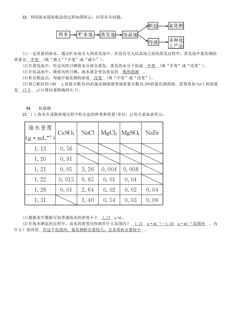 九年级化学下册 第八单元 海水中的化学 第二节 海水“晒盐”同步测试 （新版）鲁教版.doc_第3页