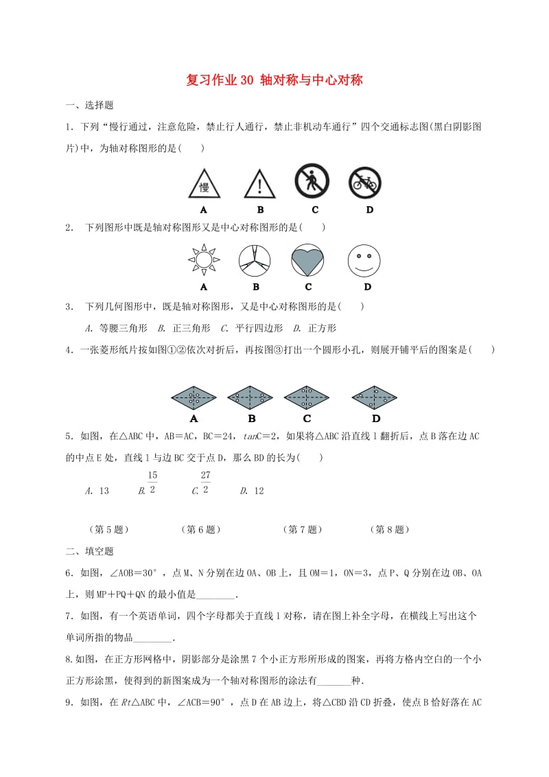 江苏省淮安市淮阴区凌桥乡九年级数学下学期复习作业30 轴对称与中心对称.doc_第1页