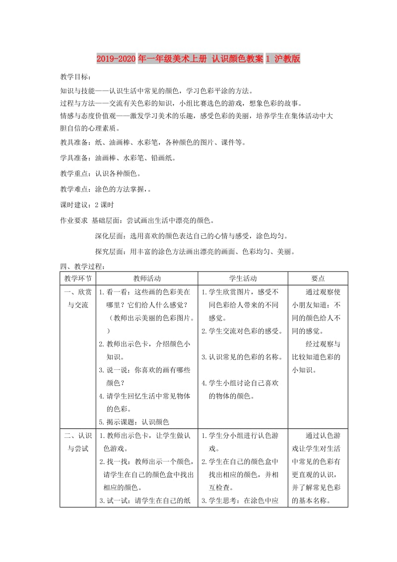 2019-2020年一年级美术上册 认识颜色教案1 沪教版.doc_第1页