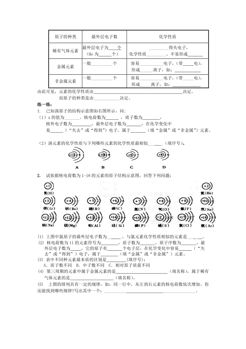 九年级化学上册第三单元物质构成的奥秘3.2原子的结构第2课时-核外电子排布学案无答案 新人教版.doc_第2页