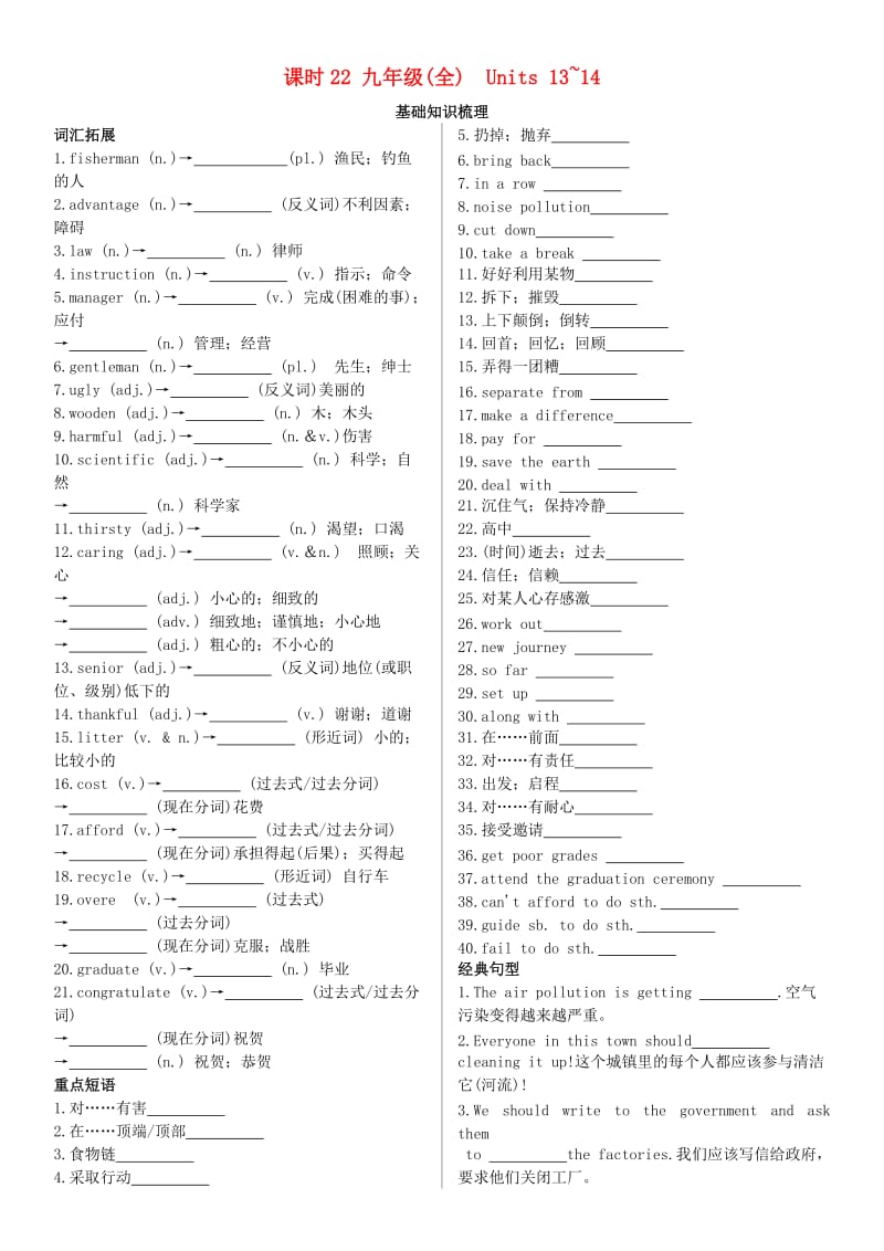 陕西省2019中考英语复习 知识梳理 课时22 九全 Units 13-14（基础知识梳理）检测.doc_第1页