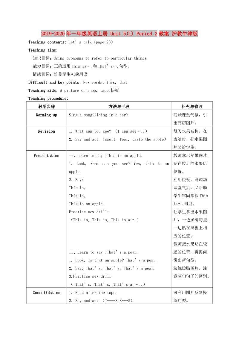 2019-2020年一年级英语上册 Unit 5(1) Period 2教案 沪教牛津版.doc_第1页